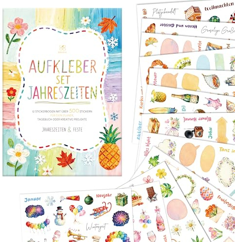 BIROYAL 12 Blätter Jahreszeiten Sticker Set, über 500 Aufkleber Aquarell