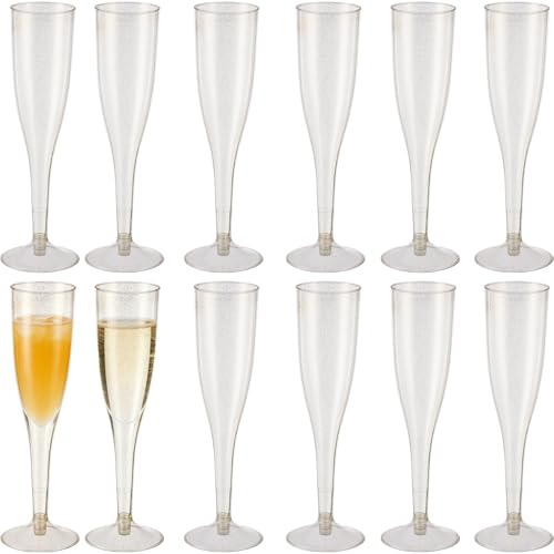 Epicover 12 Pcs 6.5 oz Glitter Plastic Champagne Flutes, Elegant Disposable Prosecco Glasses with Gold Sparkle, Clear Resilient Plastic Flute Cups for Parties, Weddings, Celebrations