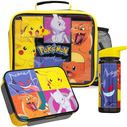 Get Trend Pokemon Bolsa Isotermica 4L, Set Niños, 3 Piezas, Botella Agua 600 ml con Pajita y Caja Bento con Compartimentos, Set Fiambrera, Libre de BPA, Colegio y Guardería