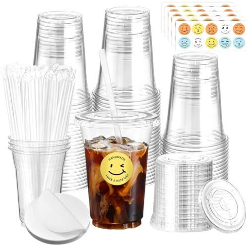 50 vasos de plástico transparente con tapas y popotes, vaso reutilizable de 16 onzas, taza de café para llevar, taza de batidos, taza de plástico desechable para té de burbujas, jugos granizados