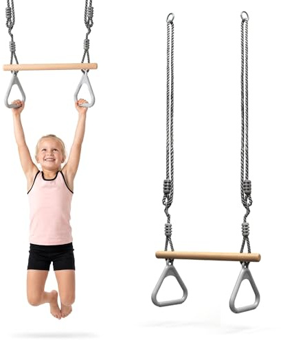 HyperMotion Trapèze de Gymnastique pour Enfants avec Poignées, Barre en Bois MDF Poncé, Cordes Incluses, Accessoire de Balançoire pour Jardin, 42 cm x 3,5 cm, Gris