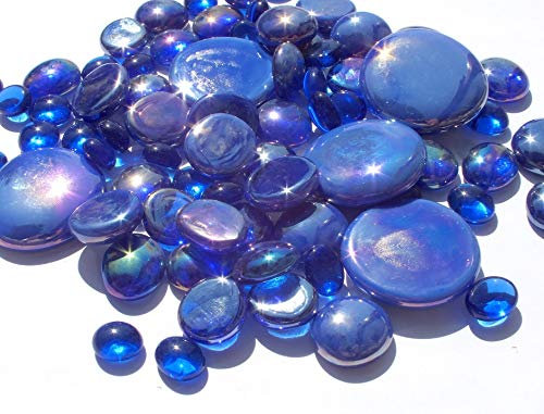 mesbilles - 500 GR Mélange Bleu-Nuit Billes Plates - Galet en Verre 30 mm 20 mm 10 mm Cailloux en Verre décoratifs