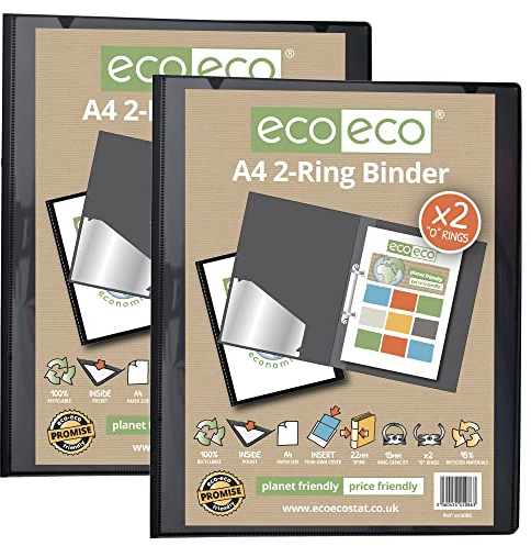 eco-eco A4 95% återvunnen presentation 22 mm ryggrad 2 ringpärm svart, (förpackning med 2), eco086x2