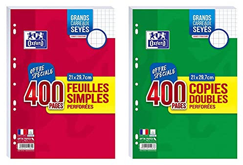 Oxford Lot de 400 Pages Feuilles Simples Grands Carreaux Seyès Format A4 (21x29,7cm) Perforées & Lot 400 Pages Copies Doubles Grands Carreaux Seyès Format A4 (21x29,7cm) Perforées