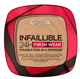 L'Oréal Paris Wasserfestes Puder Make-up mit hoher Deckkraft, Deckendes Kompaktpuder mit mattem Finish und 24h Halt, Infaillible 24H Fresh Wear Foundation Powder, Nr. 300 Amber, 1 x 9 g