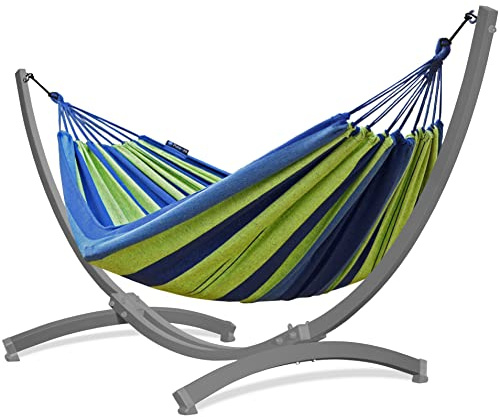 Potenza Outdoor Hängematte mit Tytan Gestell für 2 Personen I Baumwolle Doppelhängematte XXL 220x160, 200kg I Hängemattengestell 350 kg, wetterfest (Grün-Blau, Gestell Grau)