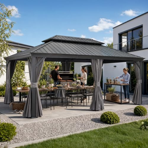 PURPLE LEAF Tonnelle de Jardin Exterieur 5,45 x 3,65 m Pergola Alu, Gris | Gouttière intégrée, Rideaux épais et moustiquaire 260 g/m², Double toit rigide, Résiste 17,9 m/s, Installation rapide, 20 m²