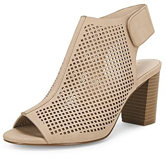 Coutgo Peep Toe Booties Women Heels Chunky Block High Heeled Sandals Ankle Strap Open Toe Boots,Nude,Size 7.5