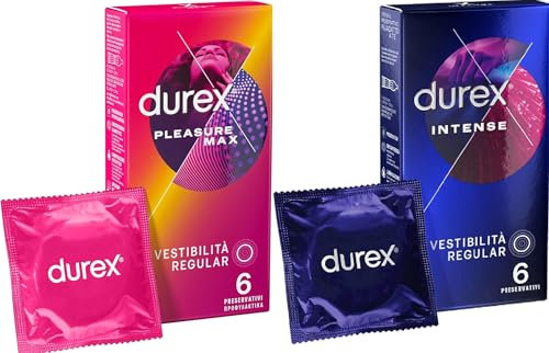 Durex Mix Preservativi, Intense 6 unità Stimolanti con Nervature e Gel Stimolante stimolanti per lei + Pleasure Max Vestibilità Regular 6 unità, 12 profilattici nominale 56 mm