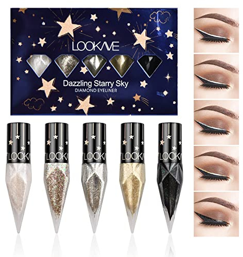 5 Farben Diamant Flüssiger Eyeliner Glitzer Set, Metallic Schimmer Liquid Eyeliner, Langlebiger Wasserdichter Sparkling Eyeliner Set, Glitzernder Lidschatten Set für Party Festival Makeup (B)