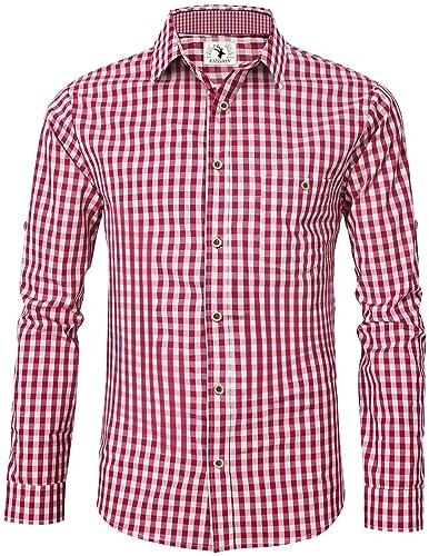 Trachtenhemd Herren Kurzarm Rot Oktoberfest Kariert Langarm Trachten Hemd Freizeithemd Karohemd Baumwolle Slim fit 4XL