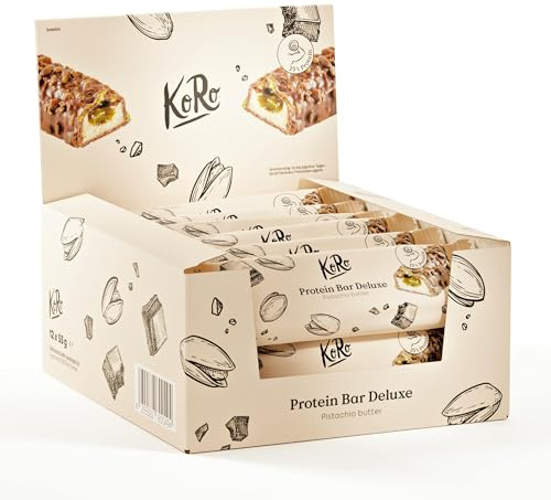 KoRo - Barretta proteica grand deluxe al pistacchio 12 x 55 g - Con crema di pistacchio e cioccolato - Snack ricco di proteine: 14 g per barretta - Senza zuccheri aggiunti (contiene edulcorante*)