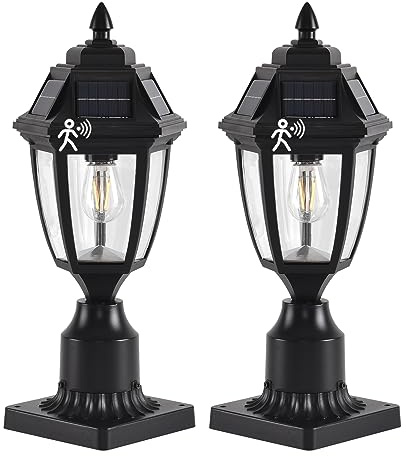 TEBLAMPUE Solar Outdoor Post Lights 2 Pack, Dusk to Dawn Outdoor Column Light with Pier Mount Base, Black Exterior Solar Powered Pole Light for Outside Porch Yard Pathway Driveway