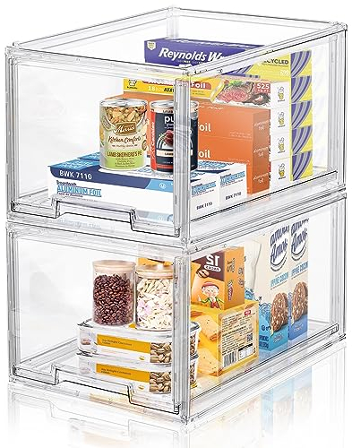 LINYAPRY - 2 contenitori impilabili in plastica con cassetto estraibile, grandi contenitori in acrilico trasparente per frigorifero, dispensa, frigorifero, organizzazione e conservazione
