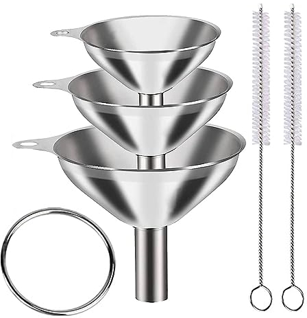 Edelstahl Trichter Set, 3 Stück Edelstahl Kleine Trichter mit 2 Reinigungsbürste mit Langem Griff, Stapelbarer Kleiner Trichter Mit Griff für Übertragen von Flüssigkeit, Kochölen, Marmelade, Pulver