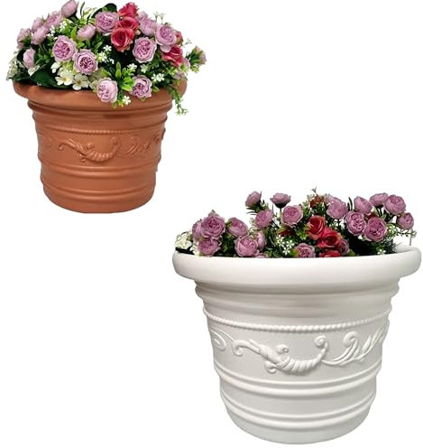 PINTO FERRAMENTA Vaso per Piante Tondo in Resina da Esterno Interno Grandi Dimensioni Decorativo Festonato Prestige per Giardino Balcone Terrazzo Colore Bianco o Terracotta (Ø45xH35, BIANCO)