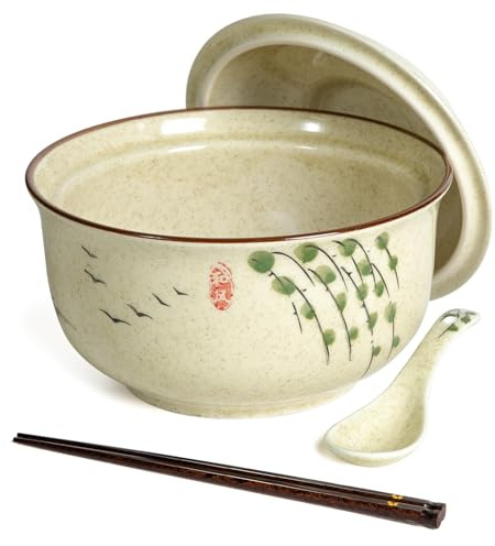 HLWDXno1 Ceramic Ramen Bowl, Japanese Style Retro Ramen Bowls Set 800ml Noodle Bowl with Chopsticks and Spoons, Asian Soup Bowls Kit with Lid for Microwave & Dishwasher Safe,Twig
