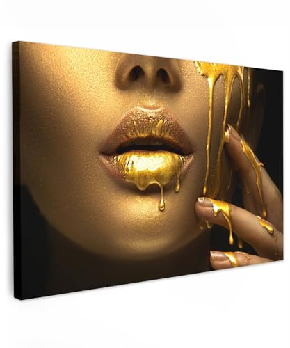 MuchoWow© Leinwandbild Groß XXL Dekoration Wohnzimmer Bilder Aufhängen Wall | 120x80 cm - Decoration Living Room Wohnungs Deko Moderne Frau - Gold - Lippen - Porträt