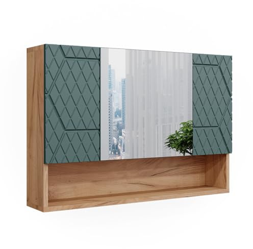 Vicco Badspiegelschrank Irma, Grün/Goldkraft Eiche, 80.1 x 55 cm | mit Spiegel und offenen Ablageflächen zur Wandmontage