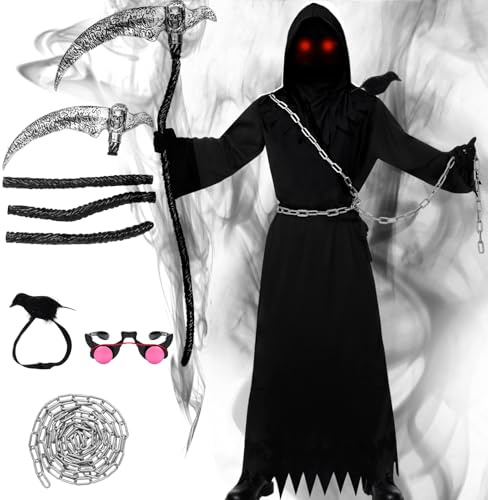 HarnyLoom Costume da Tristo Mietitore per Bambini Adulti, Spaventoso Falce Triste Halloween Mantello Vestito Fantasia Donne Uomini con Catena di Sythe Grim Halloween Cape Robe (Bambine, (6-8) anni)
