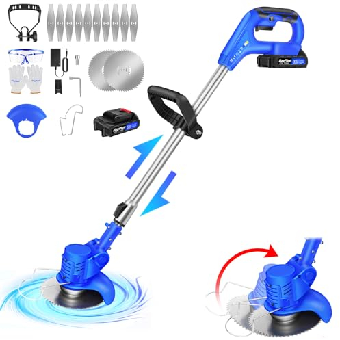 Débroussailleuse Electrique sans Fil, 21V Coupe Bordure avec Batterie et Lames, Pliage Rétractable Tête Pivotante 90°, Débroussailleuse à Batterie pour la Coupe de Jardin, Pelouses et Terres Agricoles