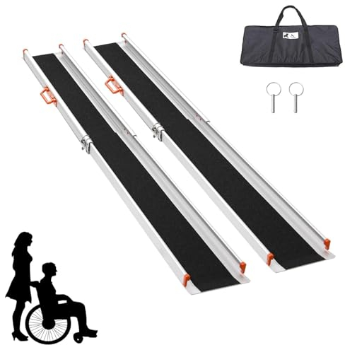 2PCS Teleskop Rollstuhlrampe, Verstellbare Tragbare Aluminium rutschfeste Teleskoprampe mit 300KG Ladenkapazität, Schwellenrampe für Treppe Hindernissen Haus Schritte,150CM