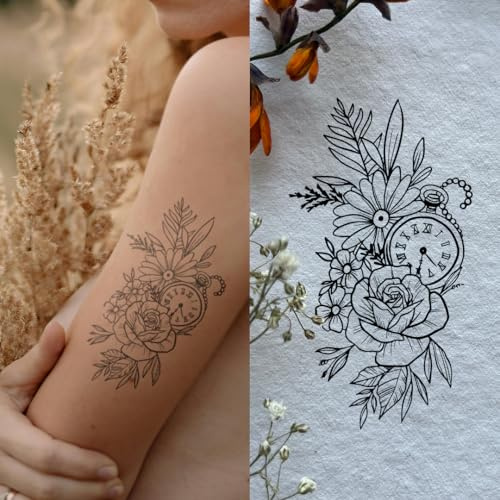 Inkster Tattoo Blumen und Taschenuhr | NEU: Verbesserte Qualität | Hautfreundlich & EU Kosmetikzertifiziert | hochwertige Temporäre Tattoos aus pflanzlichen Inhaltsstoffen | wasserfest