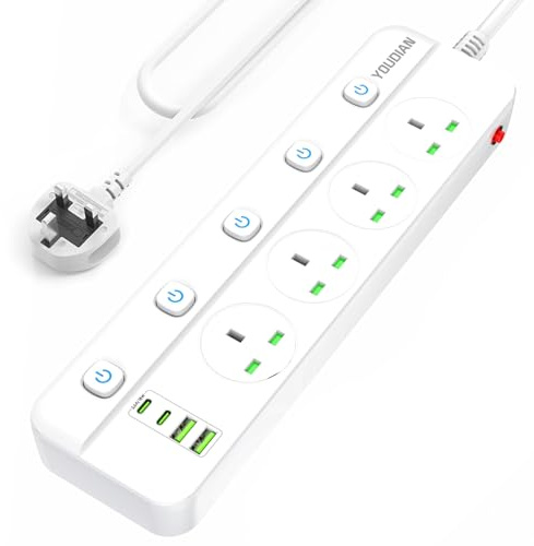 Extension Lead 2M with USB Slots,4 Way Plug Sockets with 2 Type C and 2 USB A Ports,16A,UK Power Strip Surge Protected Extension Lead with Individual Switch and Extension Cord for Home,Kitchen,Office