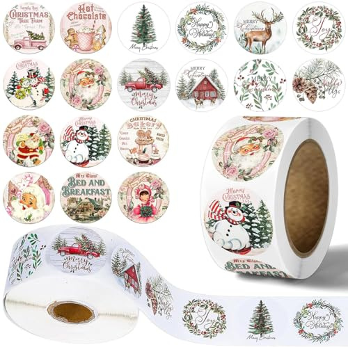 KOOKZ 1000 Stück Aufkleber Weihnachten, Geschenkaufkleber Weihnachten Etiketten, Weihnachtsaufkleber Selbstklebend Weihnachtsetiketten, Sticker für Geschenkverpackung (2 Rolle)