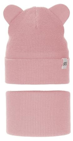 Generisch Set Kinder Mütze Herbstmütze + Loopschal Schlauchschal Mädchen Damen Katzen Ohren Kajra 52-54cm Auswahl Damen für Mädchen Herbstset