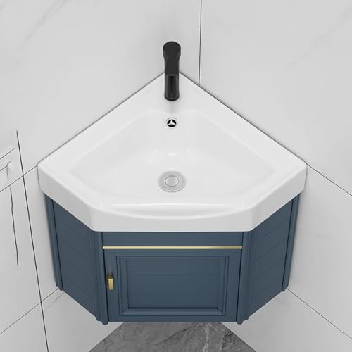 AYHARYLH Lavabo De Baño Pequeño,Fregadero De Esquina De Montaje En Pared,Lavabos Pequeños con Fría Y Caliente Grifo Y Desbordamiento,Fregadero De Pedestal De Esquina,Gabinete De Tocador De Baño