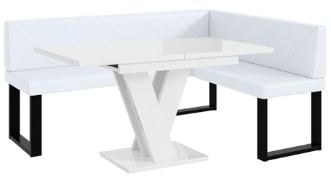 MEBLINI Eckbank für Esszimmer mit ausziehbarem Tisch - Küchenbank - Essecke - Sitzecke Küche - ERIC - U-Beine 128x168x87cm Rechts - Weiß Kunstleder/M Weiß Hochgl.