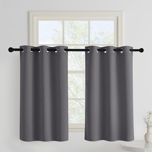 PONY DANCE Scheibengardinen Küche Kurze Blickdichte Vorhänge mit Ösen | 2er Set, H90xB106cm, Grau, Vorhang Verdunkelung, Thermo Gardinen Hitzeschutz, Sichtschutz, für Wohnzimmer, Kleine Fenster