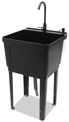Freestanding Utility Sink for Washing Room, Black Laundry Sink with Adjustable Faucet, Space Saving Plastic Tub Set for Laundry Room Basement Garage Indoor and Outdoor