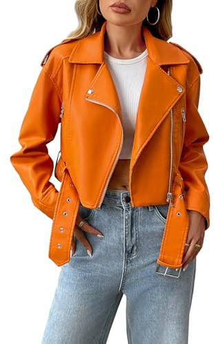 LY VAREY LIN Veste courte en similicuir pour femme avec ceinture, Orange, Medium