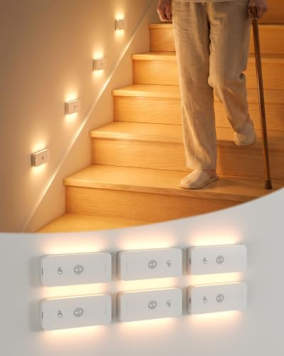 Yiliaw Treppenbeleuchtung mit Bewegungsmelder Innen, LED Nachtlicht mit Bewegungsmelder Akku, Aufladbares Magnetisches Treppenlicht für Stufen, Treppe, Flur und Schlafzimmer, 6er Pack