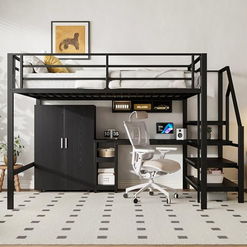 Kebnor Hochbett, 140 * 200cm, Kleiderschrank, Regale, Ablageleiter, Schreibtisch（ ohne Matratze） (Schwarz)
