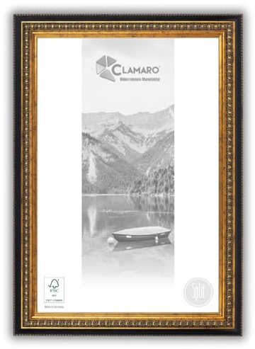 CLAMARO Bilderrahmen Split Antik Barock Massivholz, Schwarz-Gold, 50x70 cm | Fichtenholz, Acrylglasscheibe, HDF-Rückwand, Metall-Aufhänger, Hoch- und Querformat, für Fotos, Urkunden, Poster