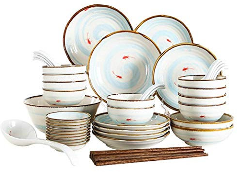 SGKOMN Set da tavola in Ceramica da 52 Pezzi con Motivo a Pesce, Piatti, Ciotole e Combinazione per Feste in Famiglia e ristoranti in Cucina