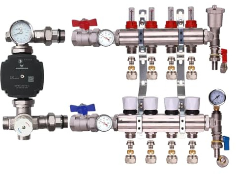 Kudos-Trading Water Underfloor Heating Manifold Kit – Easy Install, Durable Brass Components, Universal Compatibility, for Radiant Heating Systems, Includes Valves & Connectors (4 Port Kit)
