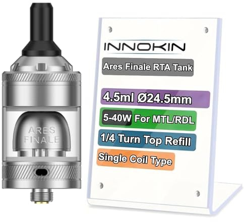 For Innokin Ares Finale RTA Atomizador Tanque 4,5 ML 24,5 mm (Plata) llenado superior ajuste de flujo de aire doble tipo bobina simple RDL/MTL compatible con CoolFire Z60 Original - No Nicotine