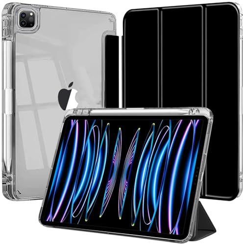 Coque pour iPad Pro 12.9 Pouces (2022/2021/2020/2018) avec Porte-Pencil et Bumper en TPU Souple, Étui Housse Arrière Clair Transparente Fine Antichoc, Noir