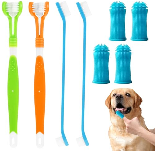 Cepillo Dientes Perro, 2 Cepillos de Dientes de Doble Cabezal, 2 Cepillos de Limpieza Dental de Triple Cabezal, 4 Cepillo de Limpieza Dental de Dedo para Animales Pequeños, Medianos y Grandes