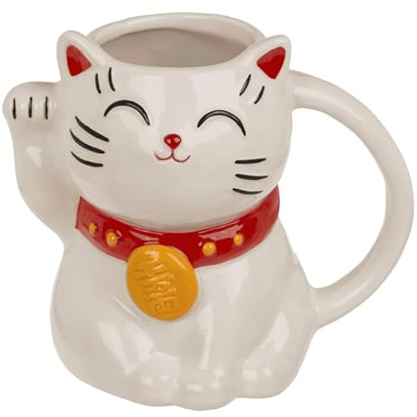 BLUECHOLON Taza de Gato de la Suerte, Lucky Cat, Cerámica de Dolomita, Blanco y Negro, 500 ml, 15 x 10,5 x 13,5 cm, Diseño Maneki Neko, en Caja de Regalo. (Blanco)
