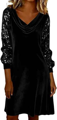 Mini robe en velours à col bénitier pour femme, élégante robe vintage à manches longues en velours pour femme, col bénitier patchwork paillettes fête, Noir , S