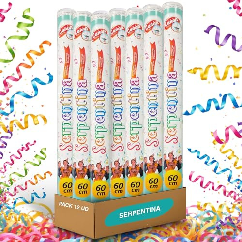 Cañón Confeti Boda, Cañón para fiestas y eventos, Fáciles y Seguros de Usar, Apto para bodas, eventos, celebraciones, Uso interior y Exterior, Diseño Serpentina Multicolor, 60 cm, Pack de 12 unidades
