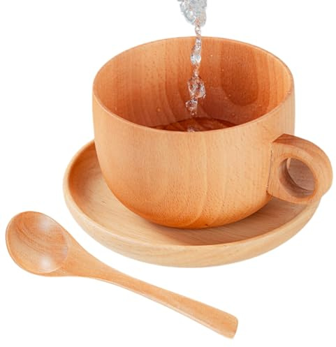 Wooden Tea Cup Set | 290ml Natural Wooden Eating Utensil with Spoon | Coffee Cup with Saucer Set, for Whisky Beer Outdoor Camping Picnic Home Party Golf Winter B