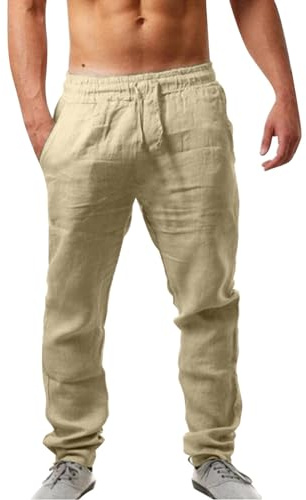 Generisch Pantalon en lin pour homme - Léger et aéré - Pantalon de loisirs en tissu élastique - Cordon de serrage - Respirant - Plage - Vacances - Mode classique - Tendance - Chic A96
