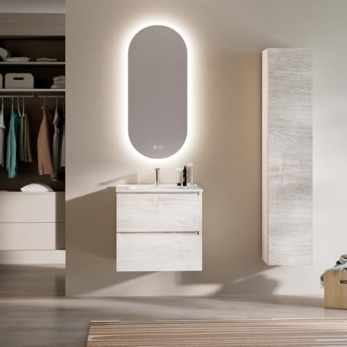 Feel Your Bath Mueble de Baño PANTER 60 cm Blanco Caliza, Encimera Cerámica con Lavabo y Espejo Ovalado LED Antivaho, 2 Cajones Soft Close, Diseño Suspendido, Diseño Compacto, Acabado Moderno