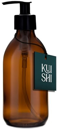 Kuishi Bernsteinbraunes Glas 250ml Pumpflasche mit schwarzer Plastikpumpe, umweltfreundlicher nachfüllbarer Seifenspender, stilvolle Badezimmer Dekoration, 1 Stück